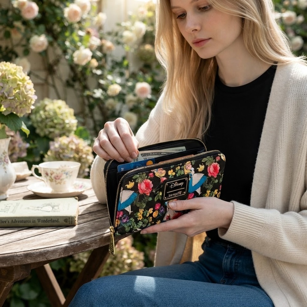 DISNEY x LOUNGEFLY Alice in Wonderland Floral Zip Around Wallet Black Excellent